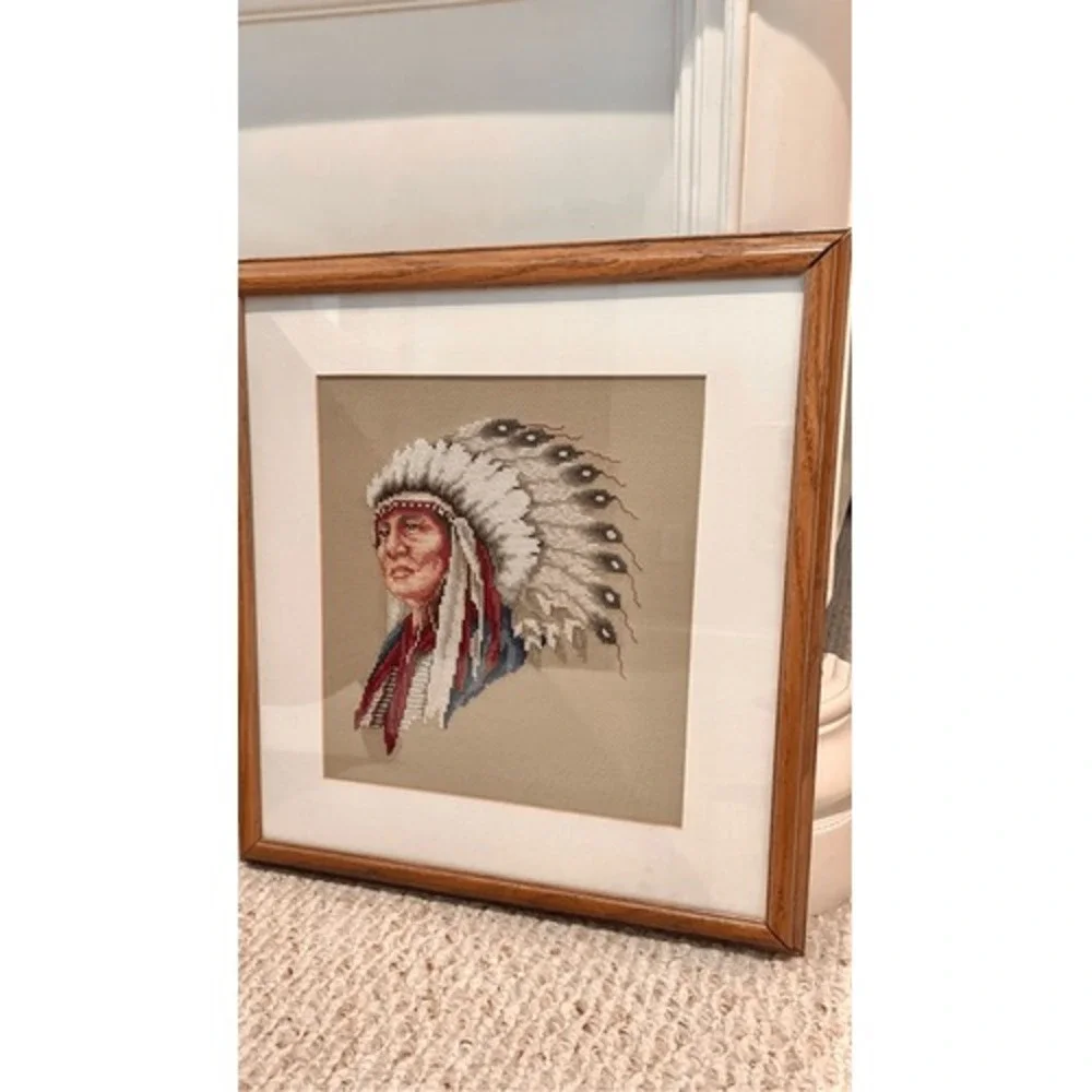 Vintage Hollow Horn Bear Cross Stitch Framed Native American Portrait 1992 15x15